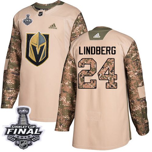 Adidas Golden Knights #24 Oscar Lindberg Camo Authentic Veterans Day 2018 Stanley Cup Final Stitched NHL Jersey
